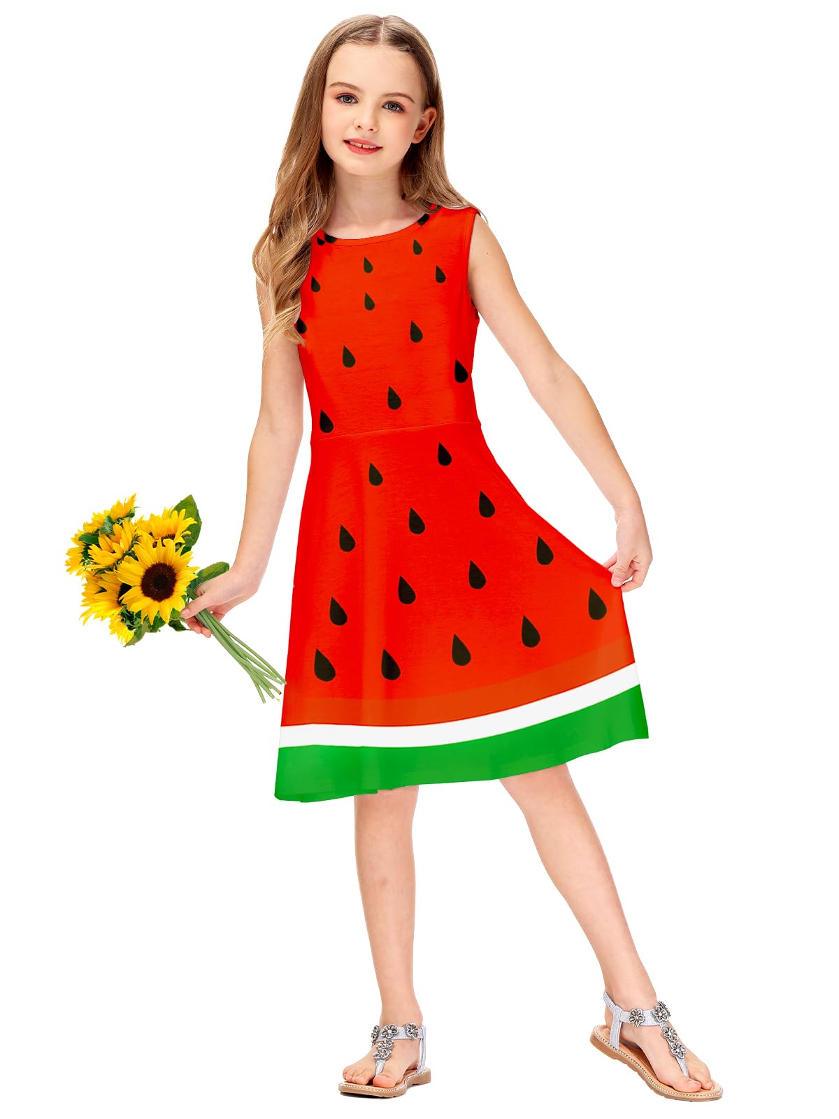 Remimi Kids Girl Watermelon Dress Sleeveless Tropical Halloween Fruit Dresses Outfits 7-8 Years