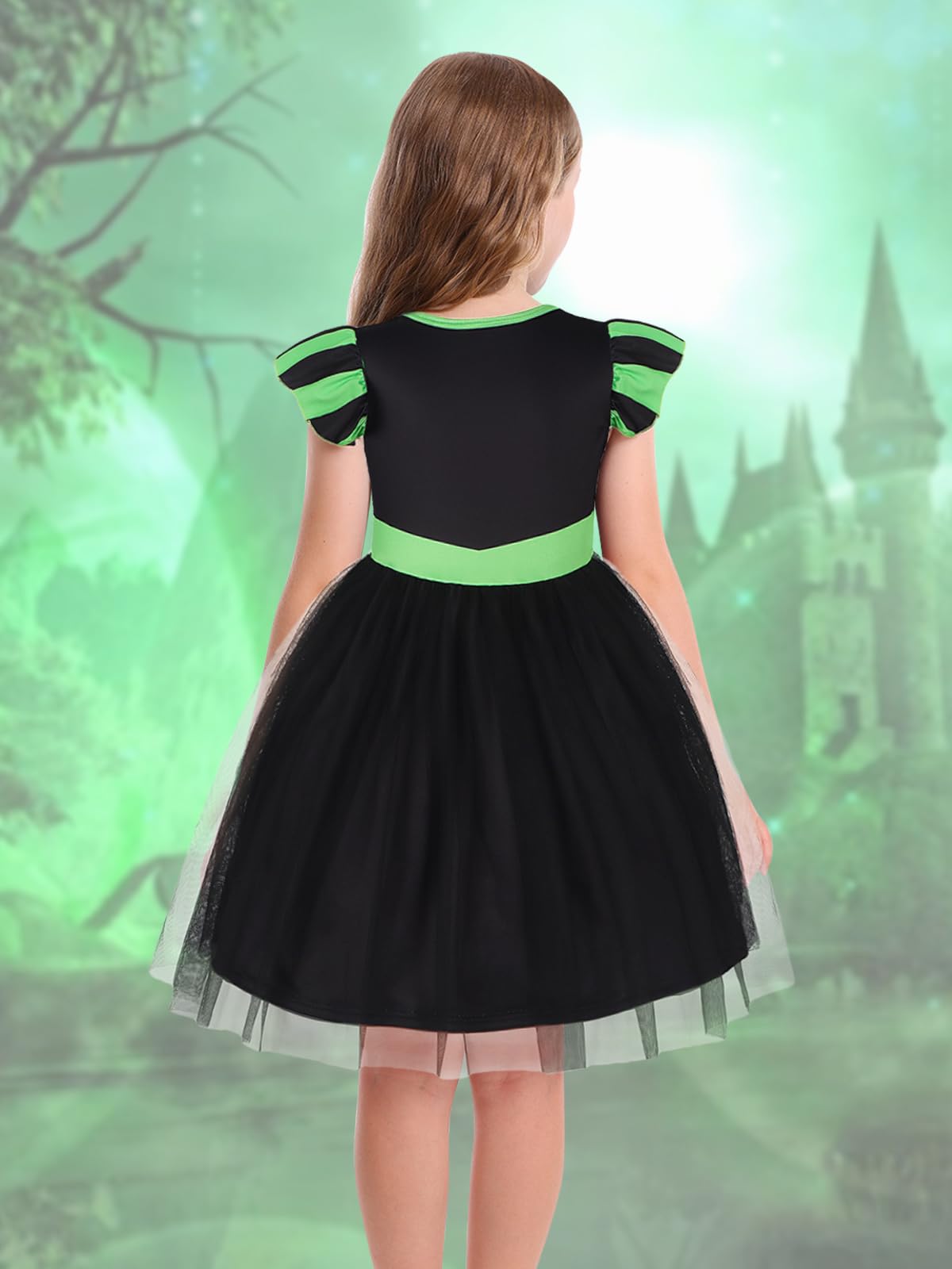 Marendyee Black Witch Costume Girls Halloween Toddler Kids Tulle Dresses Flutter Sleeve (9-10 Years)