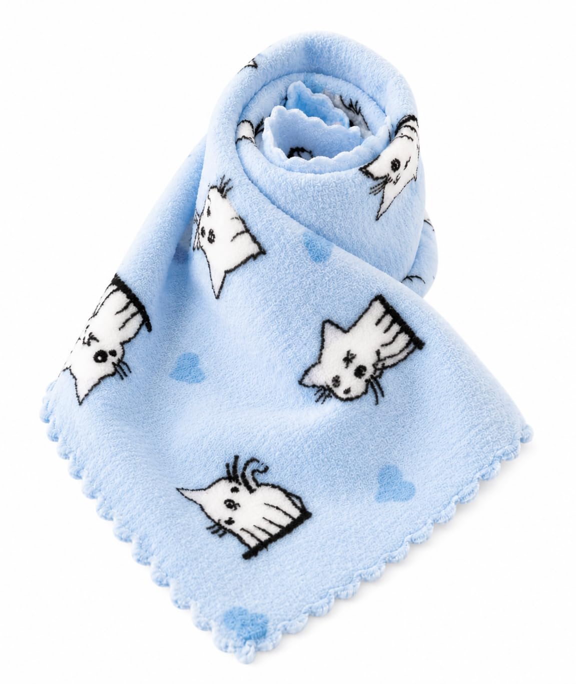 Blue Cat Print Fleece Washcloth with Scalloped Edges (Pack of 6)