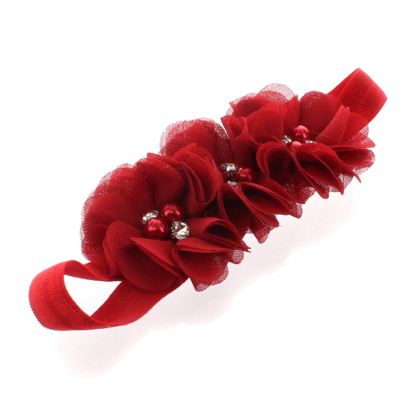 My Lello Baby Flower Headbands Fabric Beaded Trio Stretchy Elastic Pair (Red/Black)