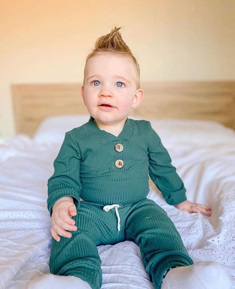 Baby Newborn Girls Boys Long Sleeve Clothes Striped Romper & Pants Set Infant Fall Winter Cotton Outfits (B-Green, 12-18 Months)