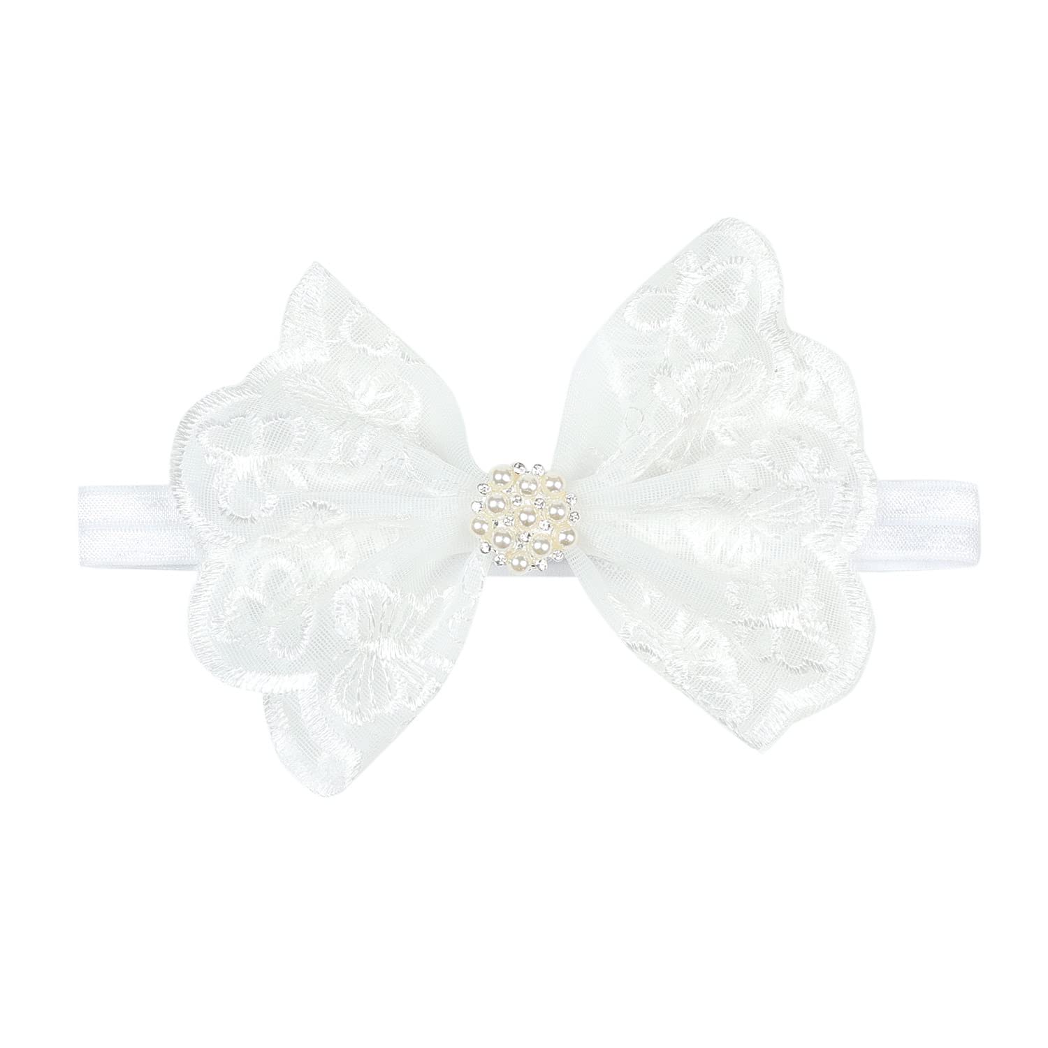 Koolgil Baby Girl'S Elegant Lace Bow Knot Headband Children'S Rhinestone Pearl Lace Headband For Birthday Party Photography (Whi