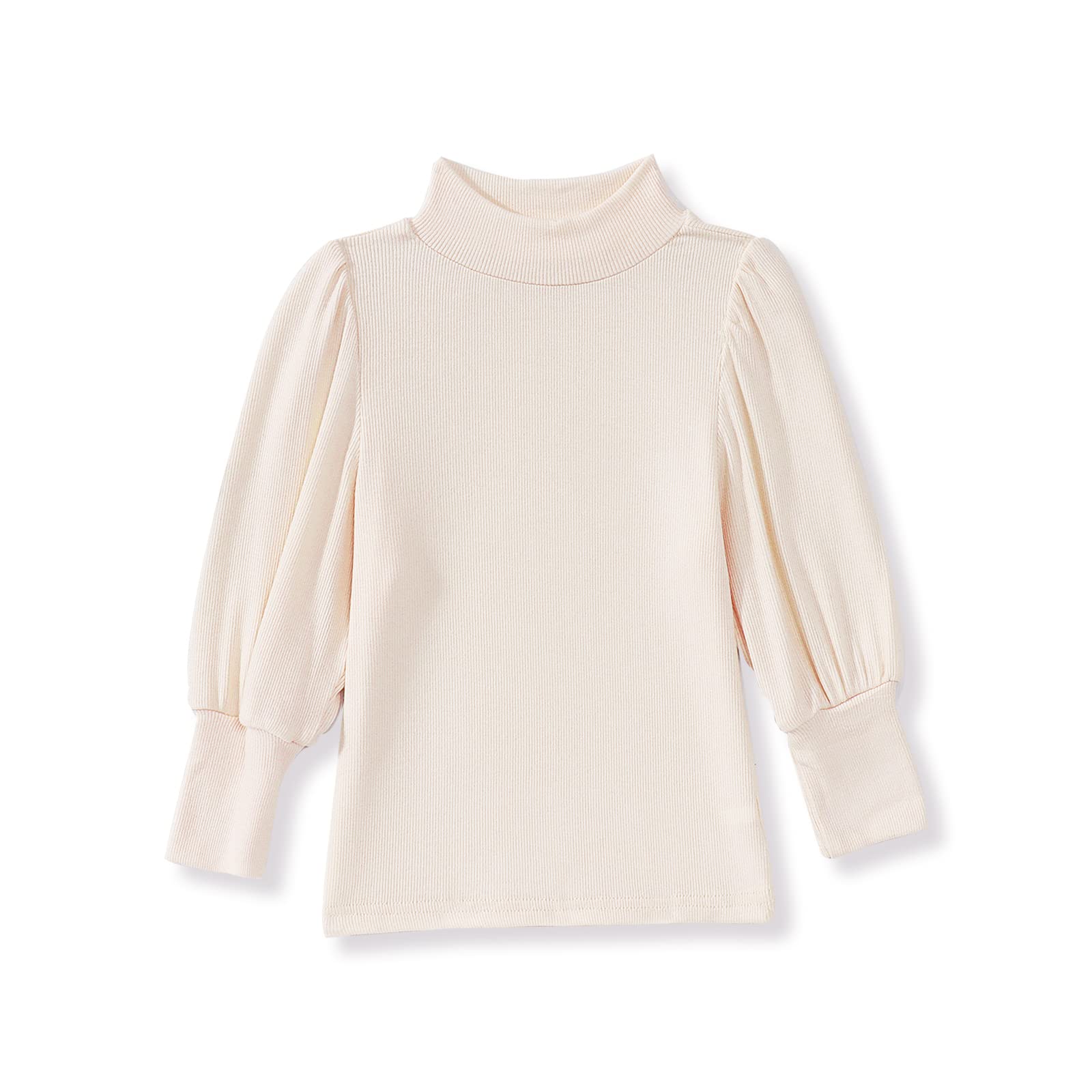 Toddler Baby Girl Basic Solid Color Turtleneck T Shirt Ribbed Knit Top Puff Long Sleeve Soft Cotton Clothes(Cream,12-18Months)