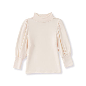 Toddler Baby Girl Basic Solid Color Turtleneck T Shirt Ribbed Knit Top Puff Long Sleeve Soft Cotton Clothes(Cream,12-18Months)