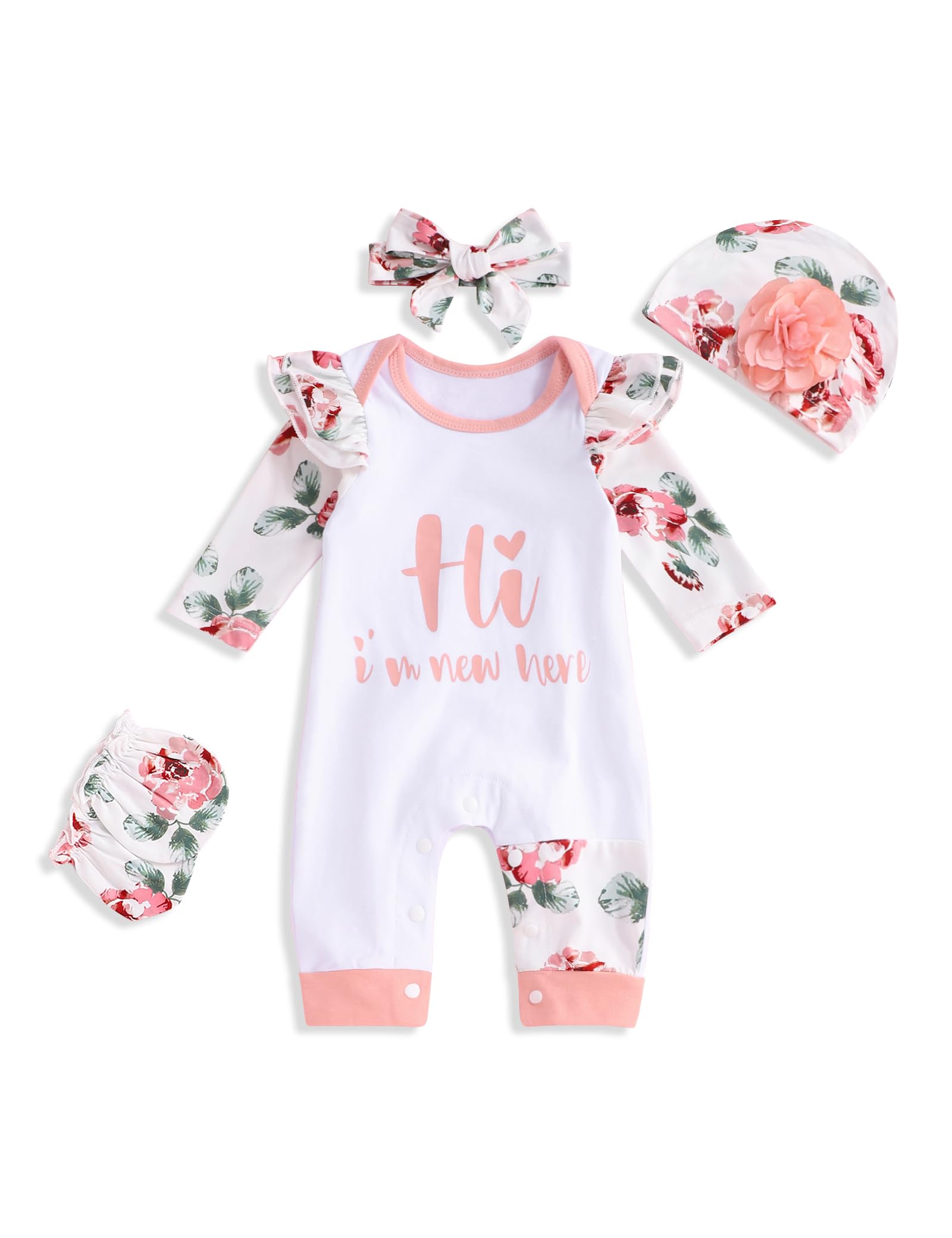 Rcpatern Baby Girl Clothes Newborn Girl Clothes Ruffle Romper Floral Jumpsuit 4Pcs Clothing Set Cute Baby Girl Outfitnewborn