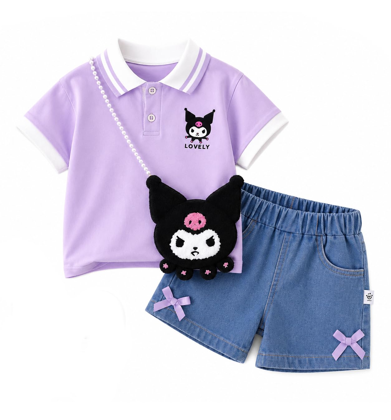 Bold N Elegant Girls Cartoon Polo TShirt And Denim Shorts With Faux Sling Bag For Infant Toddler Baby Girls Upto 4 Years (Purpl