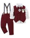 Yallet Toddler Baby Boy Clothes Suit Gentleman Wedding Outfits, Formal Dress Shirt+Bowtie+Vest+Boutonniere+Suspender Pants(V Red