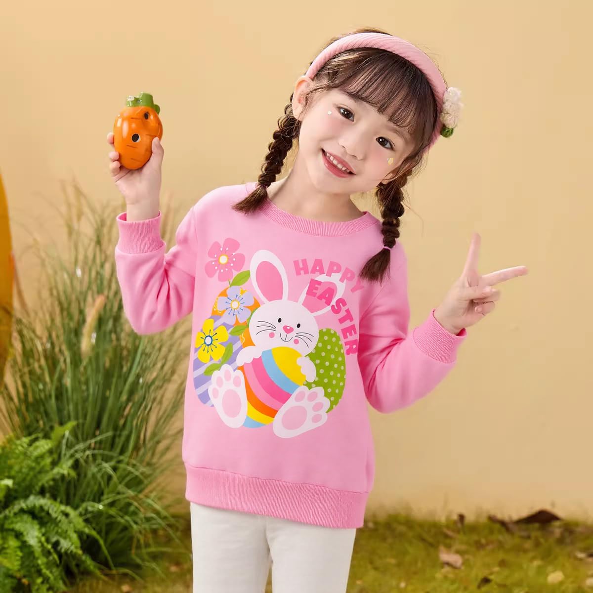 Akyzic Girls Easter Happy Bunny Sweater - Long Sleeve Crewneck Toddler Pink Kits Rabbit Sweater 3T