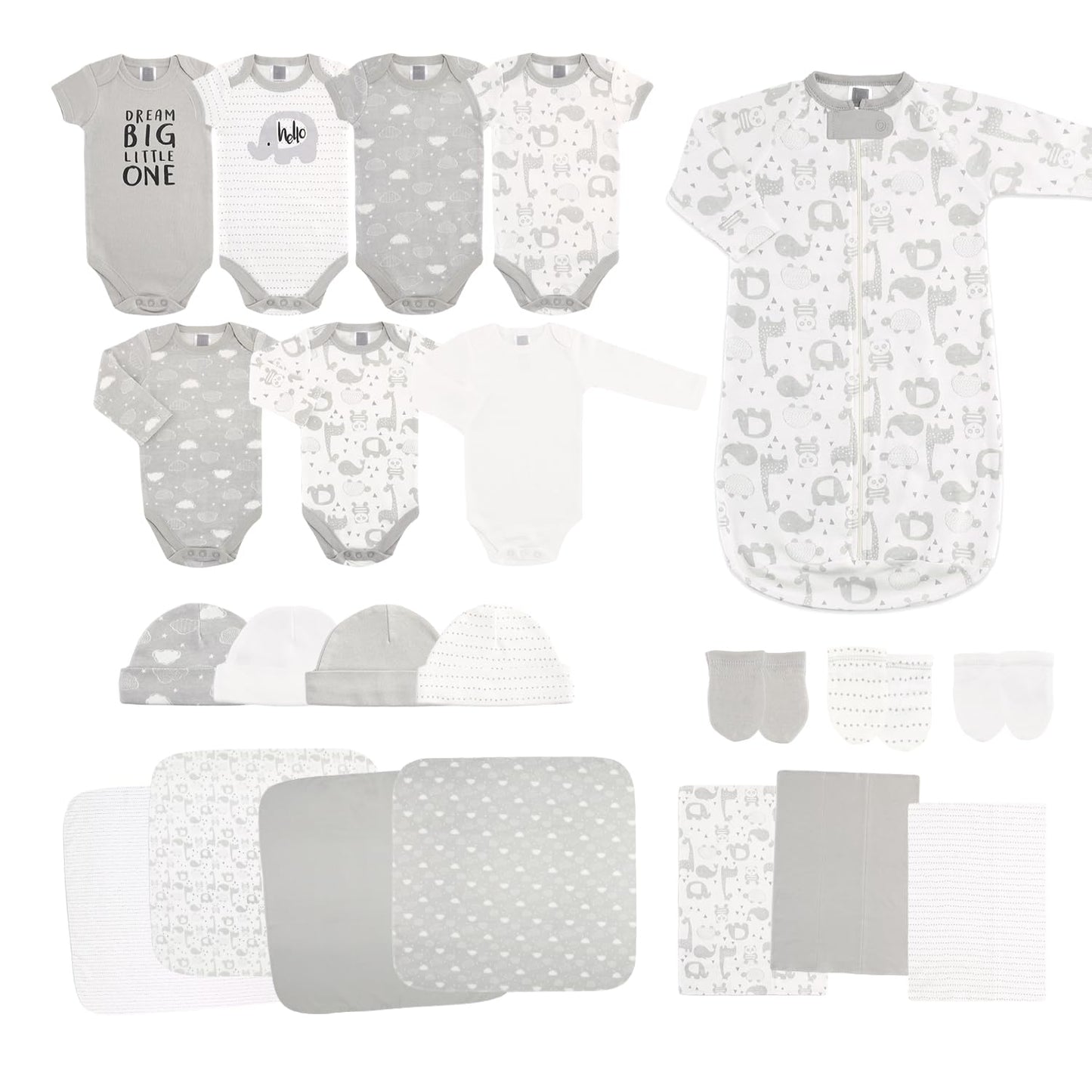 The Peanutshell Newborn Layette Set In Unisex Grey - 23 Piece Newborn Clothes & Accessories Set - Fits Newborns To 3 Months