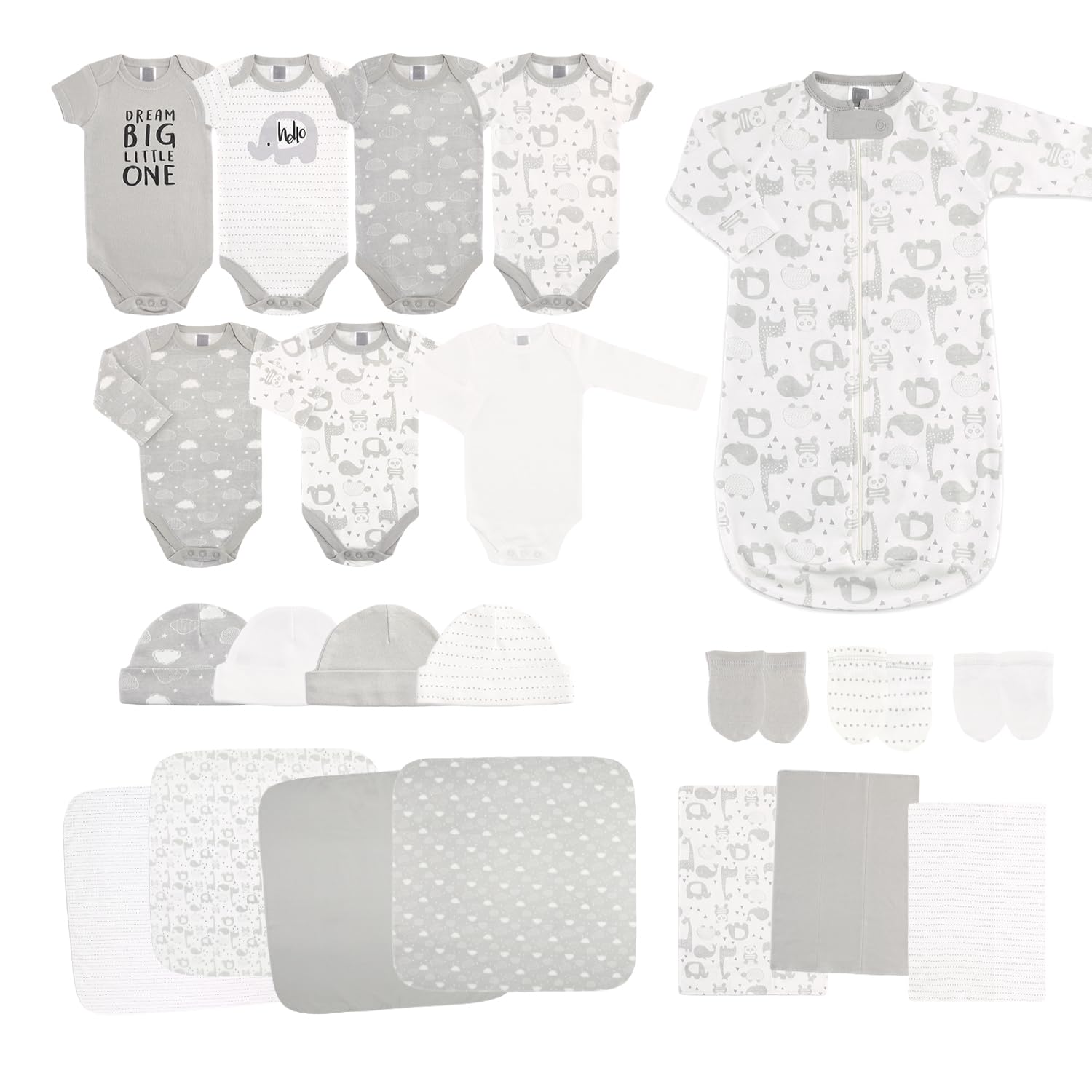 The Peanutshell Newborn Layette Set In Unisex Grey - 23 Piece Newborn Clothes & Accessories Set - Fits Newborns To 3 Months