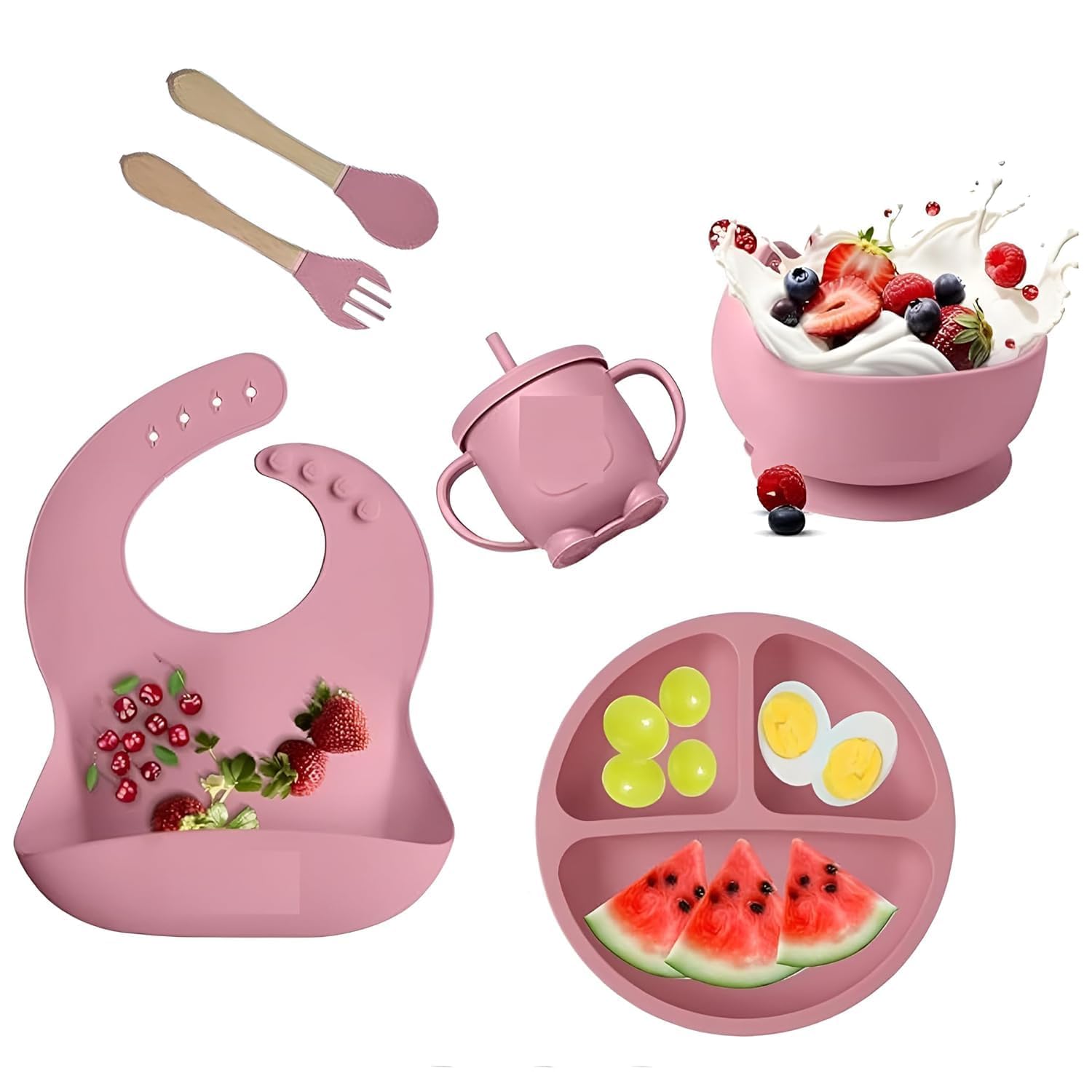 Silicone Baby Feeding Set With Suction Bowl, Divided Plate, Adjustable Bib, Spoon, Fork And Sippy Cup
