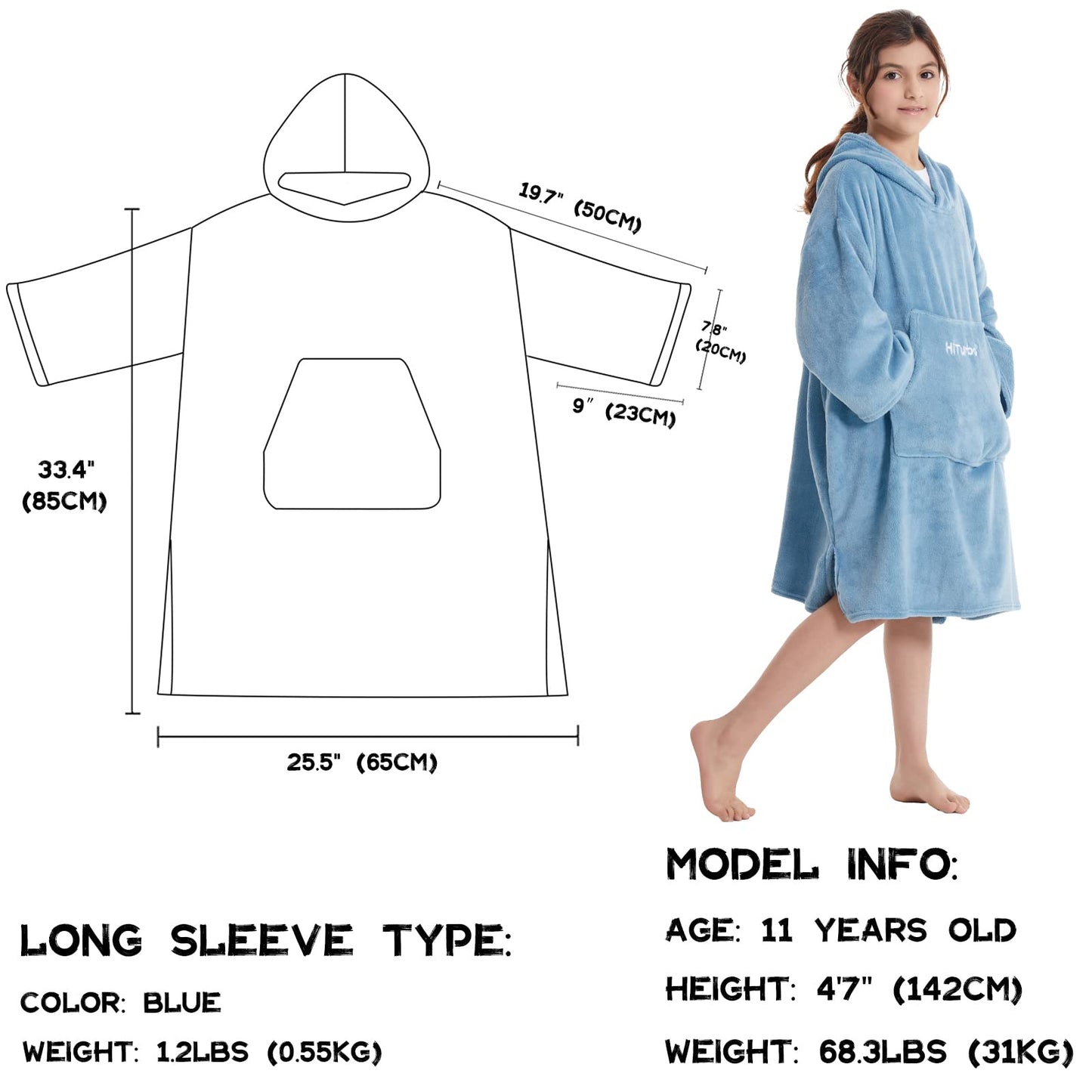 Hiturbo Kids Towel Changing Robe: Soft Plush Wearable Blanket - Warm Coral Fleece Hoodie - Swim Surf Poncho For 5-12 Years (Blue