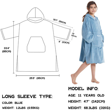 Hiturbo Kids Towel Changing Robe: Soft Plush Wearable Blanket - Warm Coral Fleece Hoodie - Swim Surf Poncho For 5-12 Years (Blue