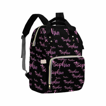 Artsadd Custom Name Diaper Bag For Mom, Personalized Pink Glitter Monogram Backpack With Stroller Straps Large Travel Shoulder B