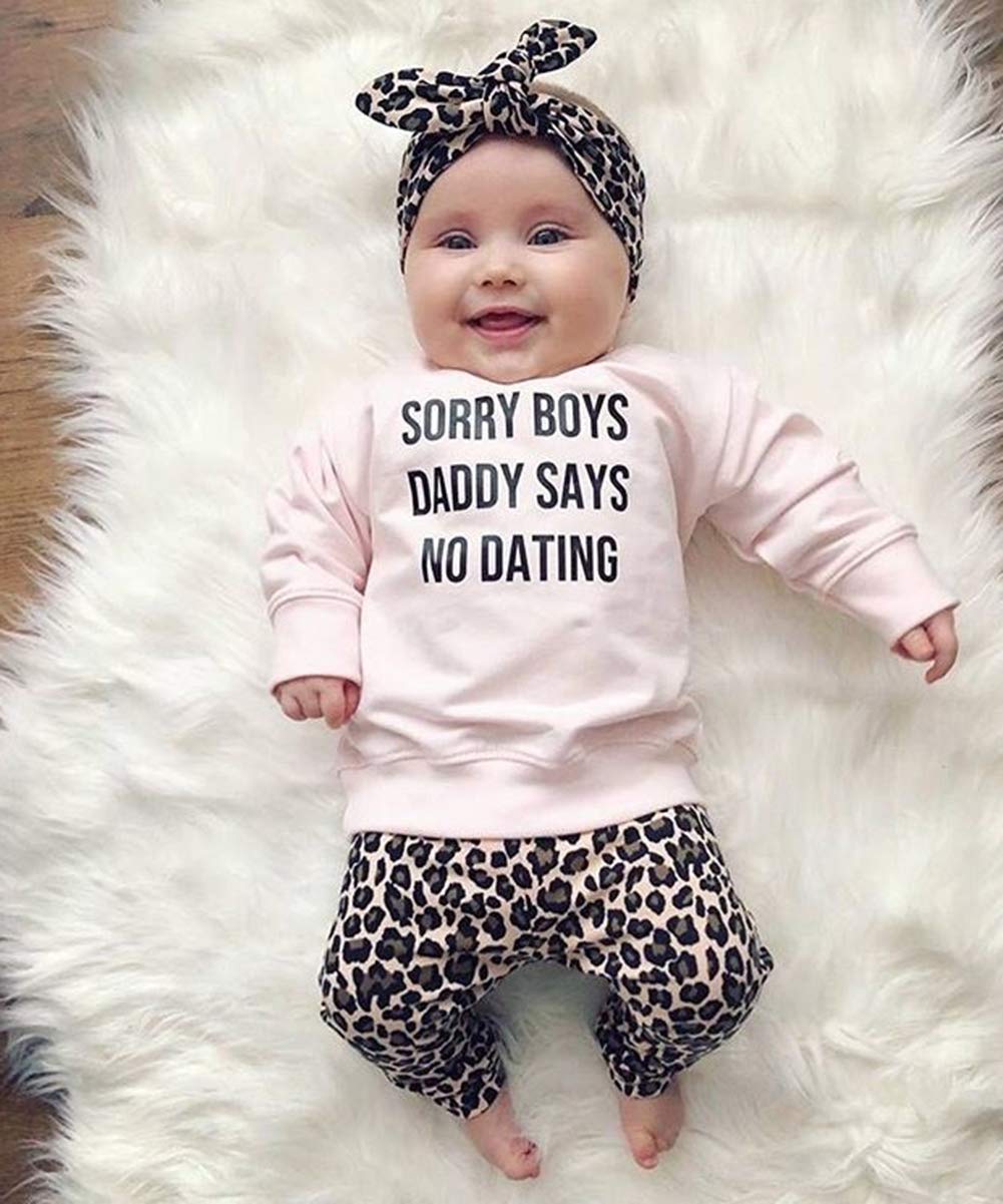 Newborn Baby Girls Clothes Daddy Saying Top Printed T-Shirt Leopard Pants+Headband Sweatshirt Outfit Set (A-Daddy Says, 18-24 Mo