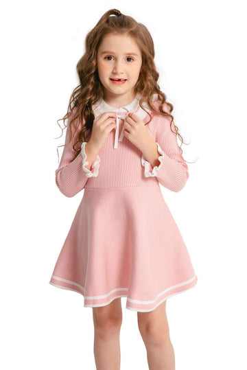 Smiling Pinker Toddler Girls Dresses Sweater Long Sleeve Winter Knitted Skater Dress Ruffle Collar (Pink, 3-4T)