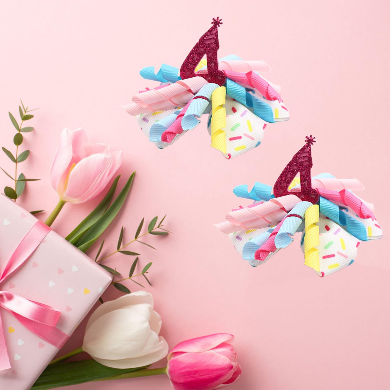 Birthday Hair Clips For Baby Girls - 2Pc Curly Ribbon With Deep Red Number Bow Hair Clips For 4Th Birthday Baby Bow Party Decora