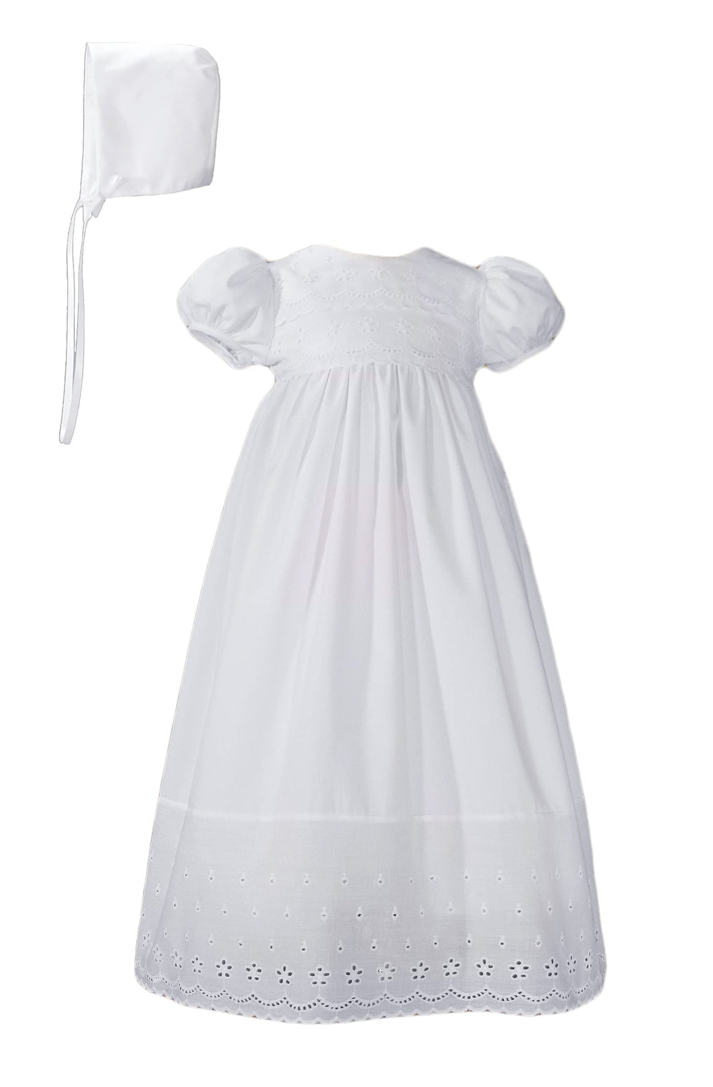 White Cotton Christening Baptism Gown With Lace Border With Bonnet - 24 Month