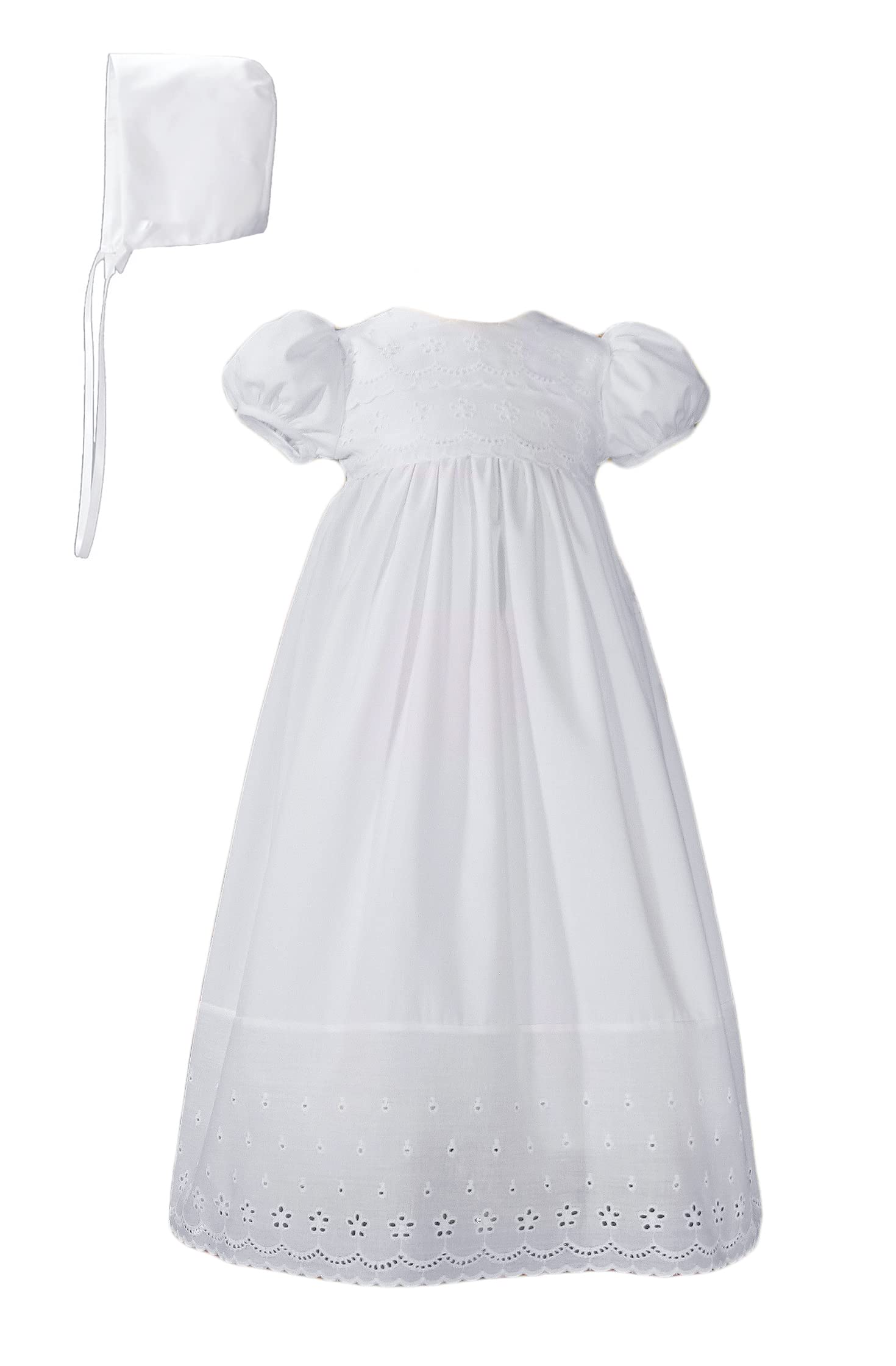 White Cotton Christening Baptism Gown With Lace Border With Bonnet - 24 Month