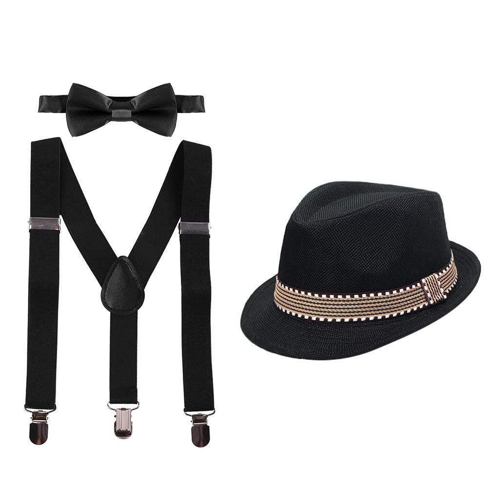 Kid Y-Back Adjustable Brace Suspender Pre-Tied Bowtie Short Trim Fedora Hat 3Pcs Outfit For Boys/Girls Black