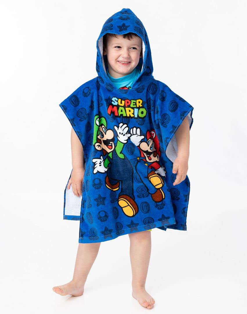 Super Mario Kids Towel Poncho | Boys Game Characters Mario Brothers Bath Towel | Luigi & Mario Star Blue Changing Robe