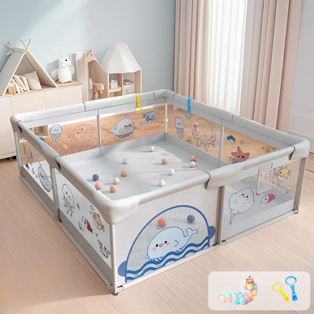 Playpen 150 X 180 Cm For Toddlers & Kids Up To 5 Years With Pit Balls And 2 AntiFall Grasp Rings, Playard With Safety Lock & Su