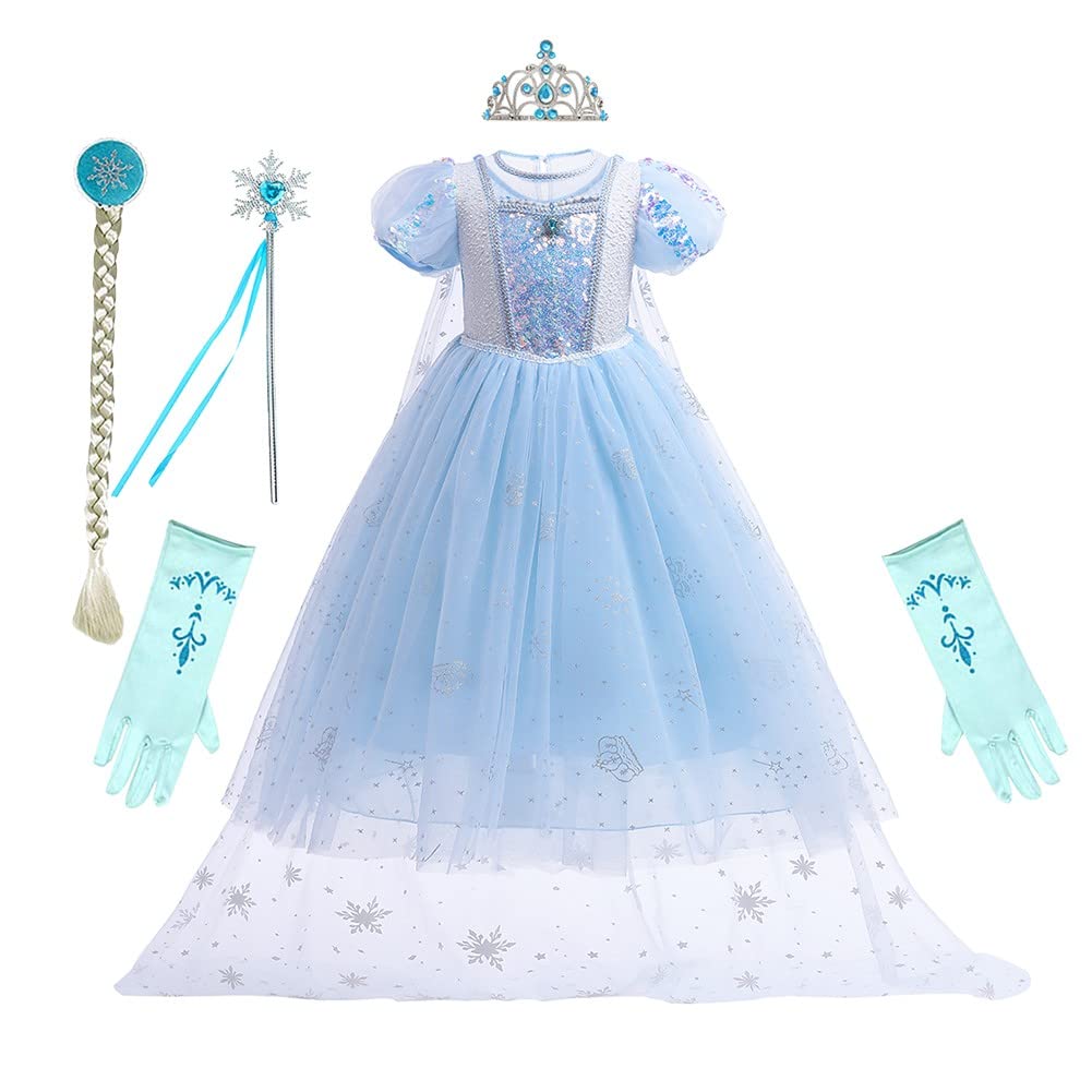 Rexreii Girls Frozen Elsa Princess Dress Halloween Costume Christmas Wedding Birthday Evening Party Gown W/Accessories Blue 6-7T