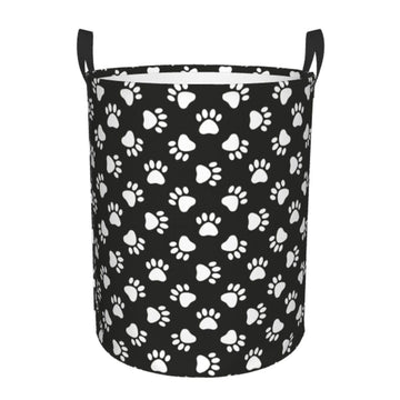 Gbuzozie Black And White Dog Animal Paws Round Laundry Hamper Storage Basket Toys Clothes Organizer Bin For Home Bathroom Bedroo