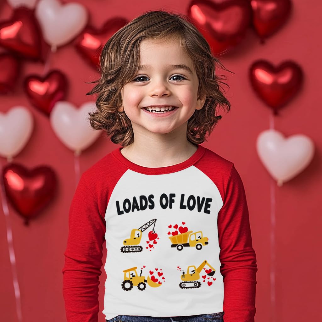 Boys Valentine'S Day Shirt Loads Of Love Vehicles Truck Tops Toddler Kids Raglan Red Sleeve T-Shirt 7 Years