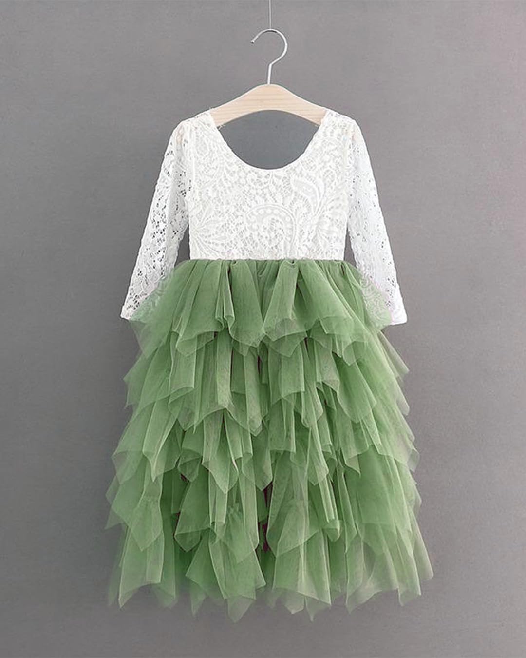 2Bunnies Girl Peony Lace Back A-Line Tiered Tutu Tulle Flower Girl Dress (Sage Sleeve Maxi, 4T)