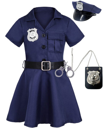 Viyorshop Girls Police Officer Costume Kids Cop Outfit For Halloween Role Play Dress Up With Badge Necklace (7-8 Years)