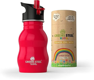 Kids Water Bottle With Straw & Handle, 12 Oz Red - Eco Friendly Toddler Cups With Straws - Easy Sip Metal Water Bottle For Kids