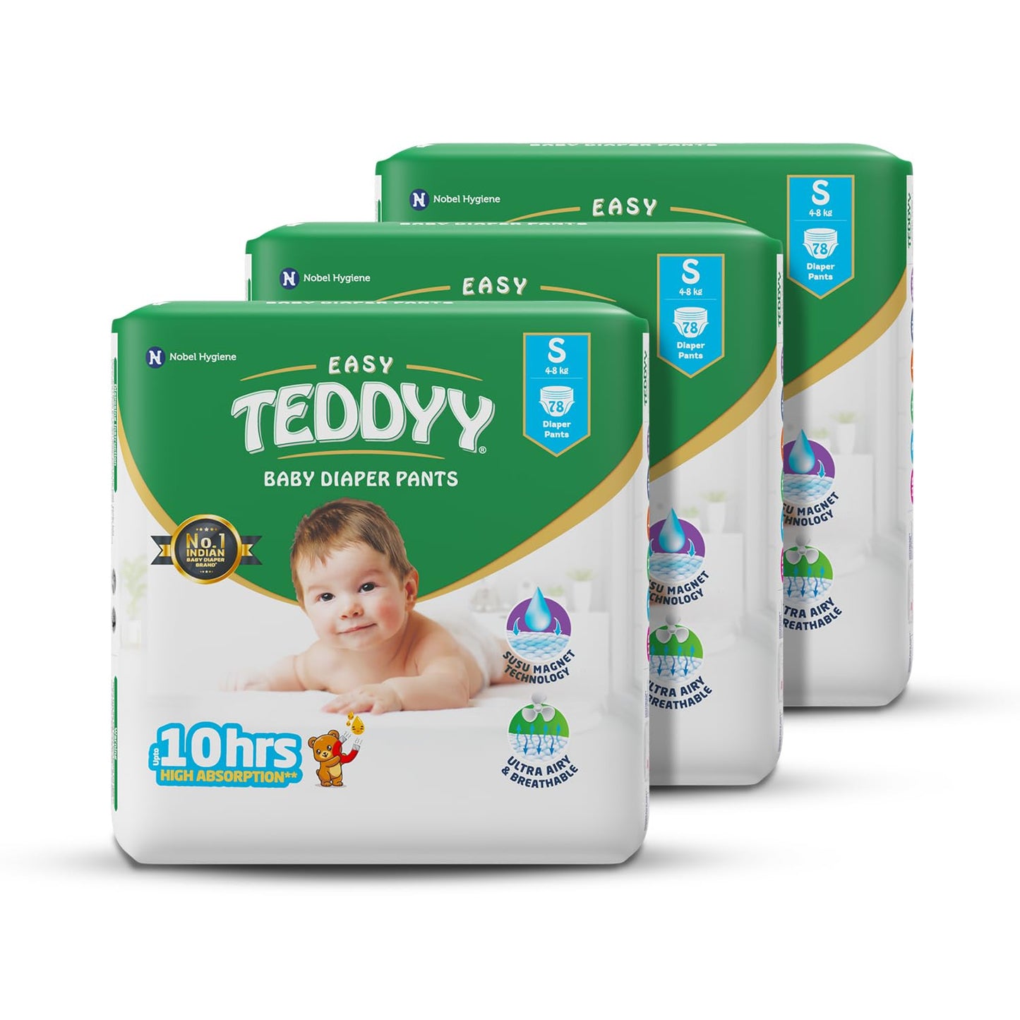 Teddyy Easy Baby M Size Diaper Pant Style | 234 Count (Medium) | 4 8 Kgs (Pack Of 3) | Long Protection Hours | AntiBacterial |