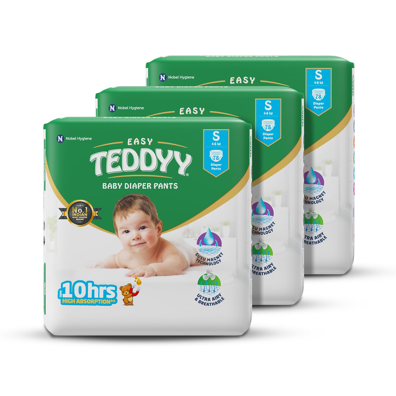 Teddyy Easy Baby M Size Diaper Pant Style | 234 Count (Medium) | 4 8 Kgs (Pack Of 3) | Long Protection Hours | AntiBacterial |