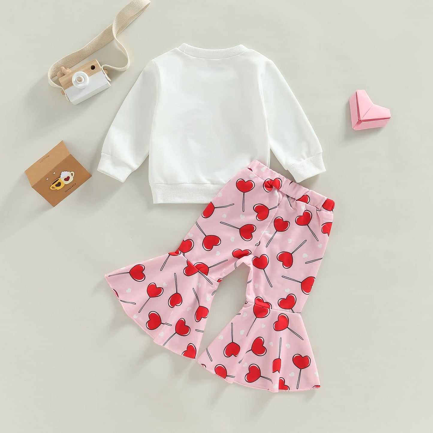 Iddolaka Toddler Baby Girls Valentines Day Outfits Long Sleeve Letter Sweatshirt Shirt Heart Flared Pants Spring Clothes (G-Whit
