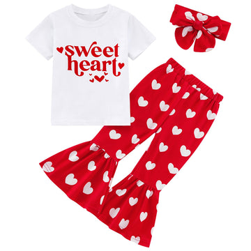 Ninobebe Toddler Girl Valentines Day Outfit Love Heart T-Shirt Bell Bottom Pants Headband 3Pcs Summer Clothes Set 1-2T