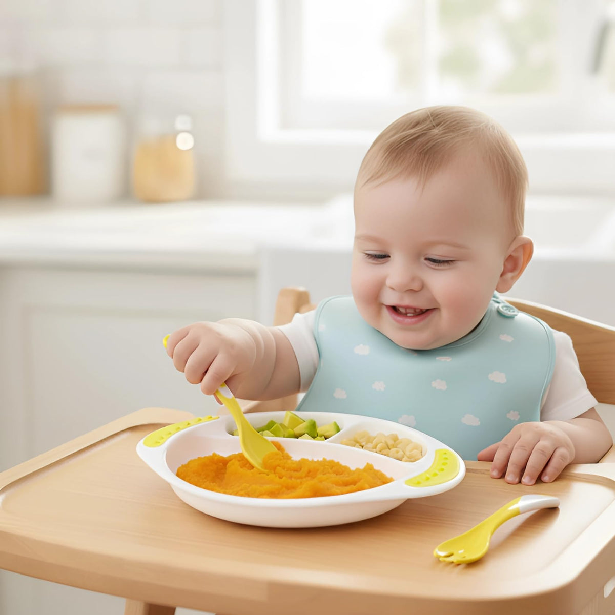 Babypro Cartoon Feeding Plate Set With Spoon & Fork For Toddlers, Dinnerware Set, BpaFree, NonToxic, AntiSkid Base, EasyGrip