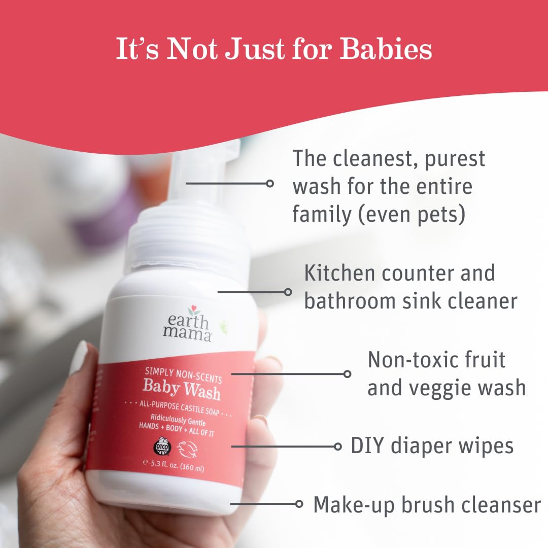 Earth Mama Simply Non-Scents Baby Wash Foaming Hand Soap, Organic Fragrance Free, Unscented Body Wash, Castile Soap with Coconut
