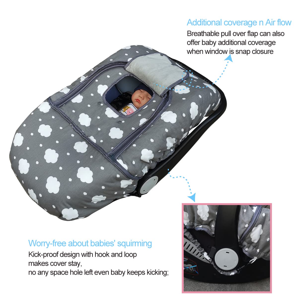 Carseat Cover, Winter Baby Car Seat Covers For Infant Car Seat, Baby Carrier Cover Canopy, Window In Door Zipper Open, Thick Pad