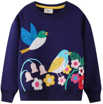 Bird Shirt Girls Long Sleeve Crewneck Cotton Animal Print Blue Swearter Tops Toddler Fall Outfits Kids Floral Sweatshirt 6T