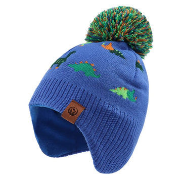 Knitted Baby Hat Scarf Set Winter Warm Boys Girls Beanie Fleece Lining Toddler Kids Hat With Pompom(Royal Blue Dinosaur Hat,S)