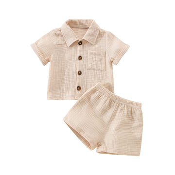 Baby Boys Clothes Set Toddler Infant Boys Button-Down Shirt Tops + Cotton Gauze Shorts Summer Outfit 2Pcs With Pockets (Beige, 0