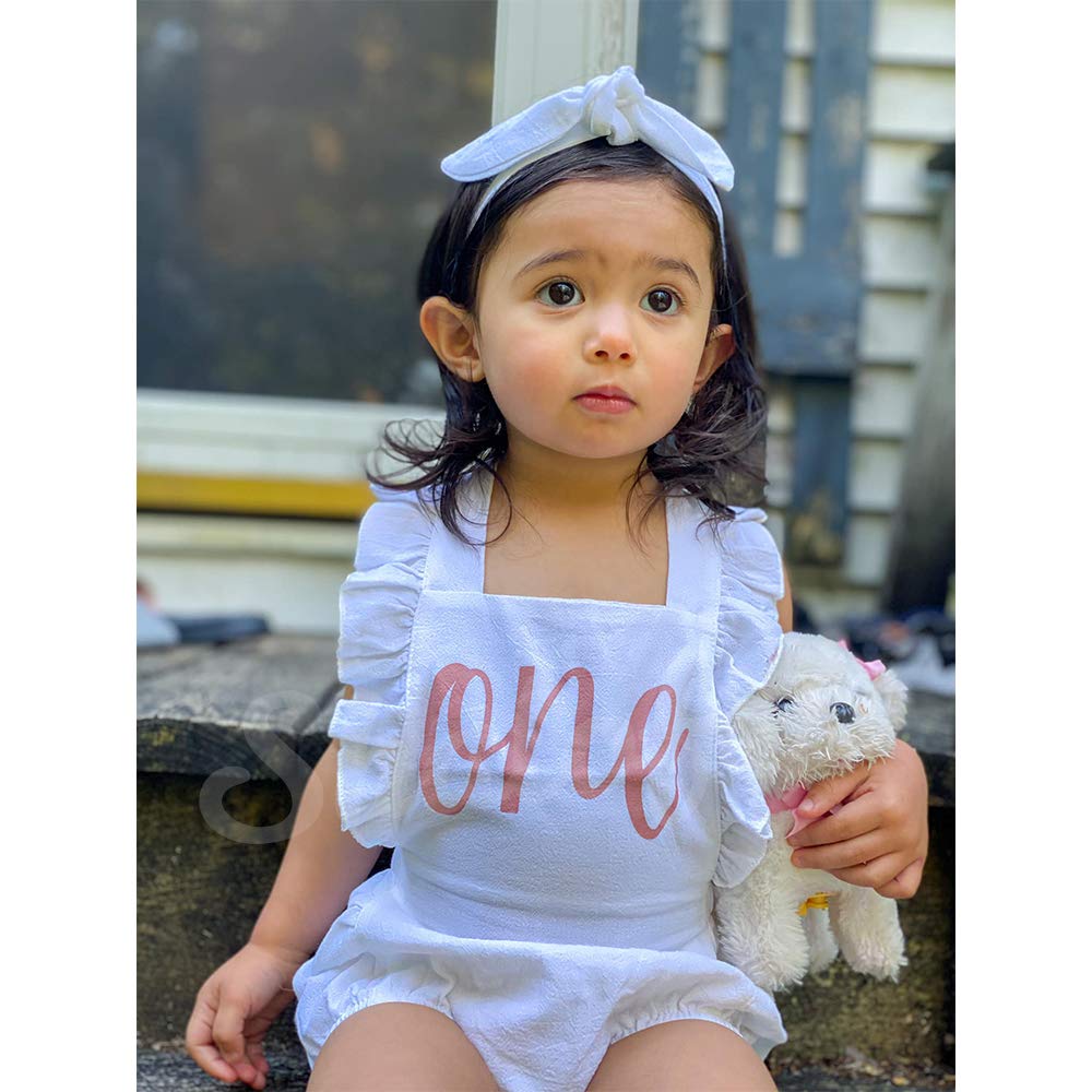 Shalofer Baby Girls One Year Old Outfits First Birthday Romper Cute Backless Ruffles Jumpsuit With Headband (White,6-12 Months)