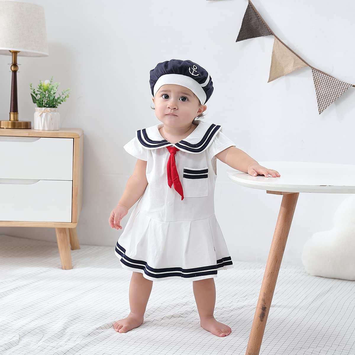 Lxkikmm Baby Girl Nautical Dress Sailor Suit Jumpsuit Romper With Cap
