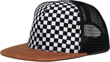 Funky Junque Checkered Baby Hat, Kids and Toddler Flat Brim Hat, Sizes 12-24 Months, Faux Leather Brim - Checker/Faux Leather Br