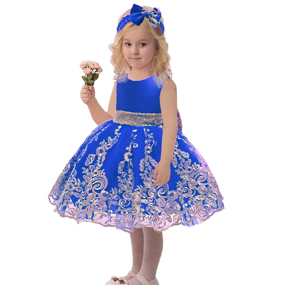 Baby Princess Girls Embroidery Dresses Toddler Lace Ruffles New Year Easter Tutu Dress With Headwear (Sapphire,80)