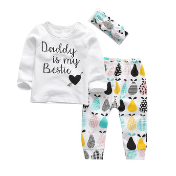 Kukitty 3Pcs Baby Girl Outfits Set Daddy Is My Bestie Long Sleeve T-Shirt Tops Printed Pants With Headband (9-12 Months)