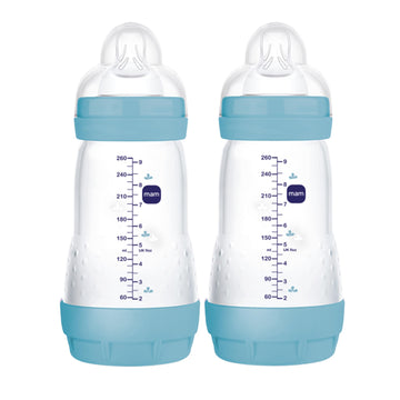 Mam Easy Start Matte Anti-Colic Baby Bottles, Medium Flow Nipples, Baby Boy, 9 Oz (2 Count), Blue
