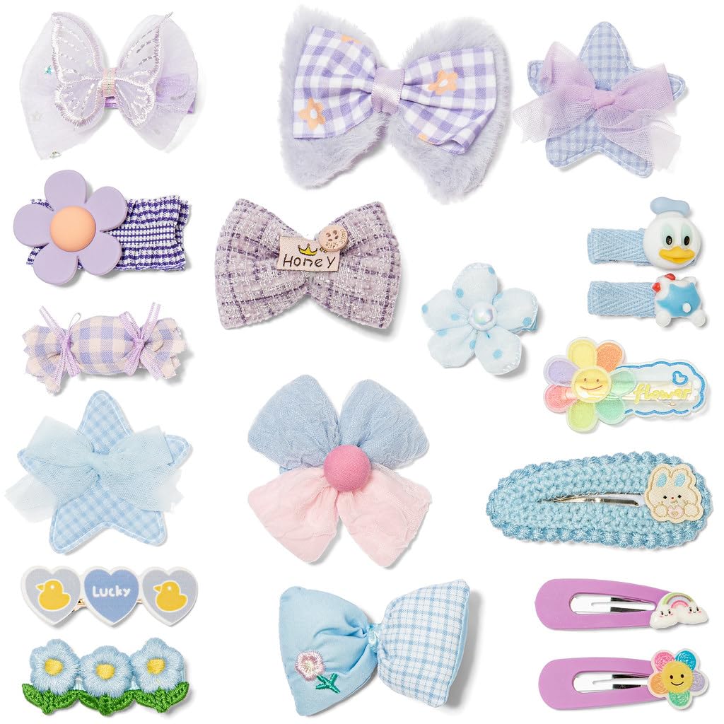 Hair Clips For Girls 17 Pcs No Slip Assorted Barrettes For Kids Bows Blue Purple Cute Hair Accessories For Little Girls Teens To