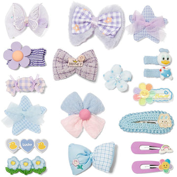 Hair Clips For Girls 17 Pcs No Slip Assorted Barrettes For Kids Bows Blue Purple Cute Hair Accessories For Little Girls Teens To